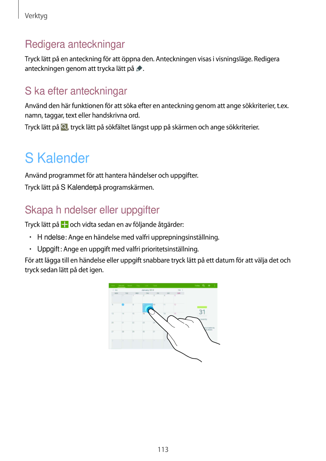 Samsung SM-T9000ZWANEE manual Kalender, Redigera anteckningar, Söka efter anteckningar, Skapa händelser eller uppgifter 