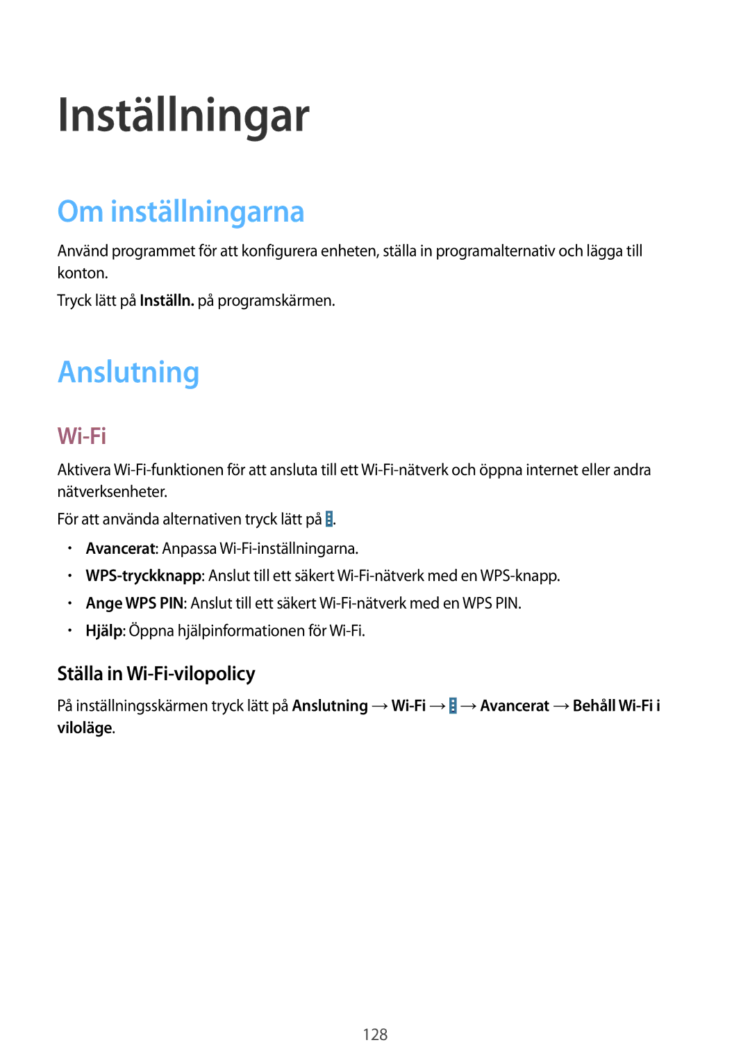 Samsung SM-T9000ZKANEE, SM-T9000ZWANEE manual Inställningar, Om inställningarna, Anslutning, Ställa in Wi-Fi-vilopolicy 