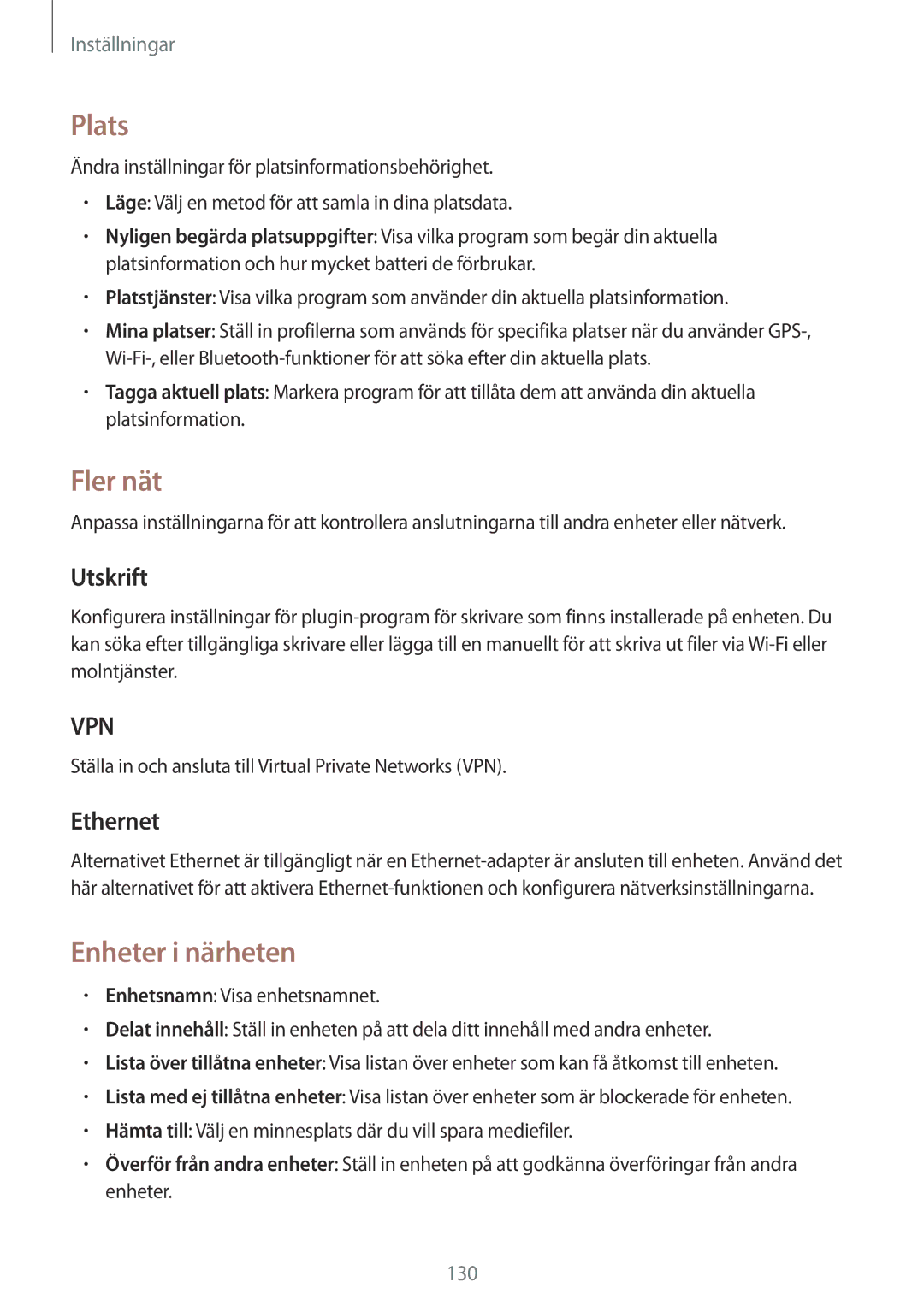 Samsung SM-T9000ZKANEE, SM-T9000ZWANEE manual Plats, Fler nät, Enheter i närheten, Utskrift, Ethernet 