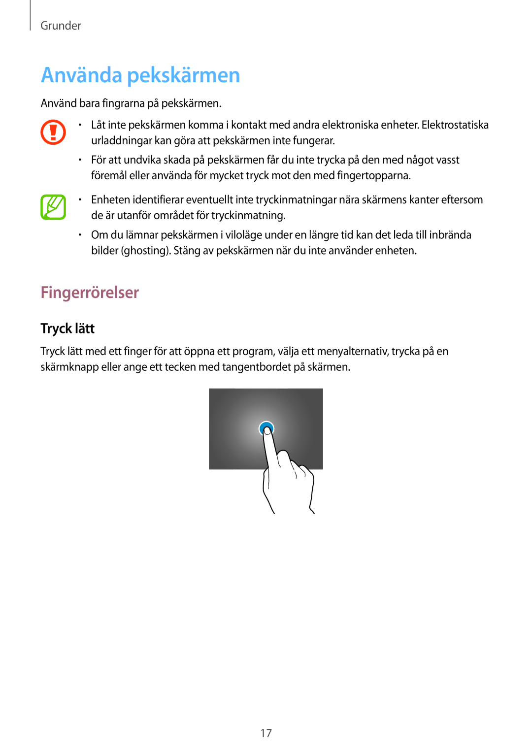 Samsung SM-T9000ZWANEE, SM-T9000ZKANEE manual Använda pekskärmen, Fingerrörelser, Tryck lätt 