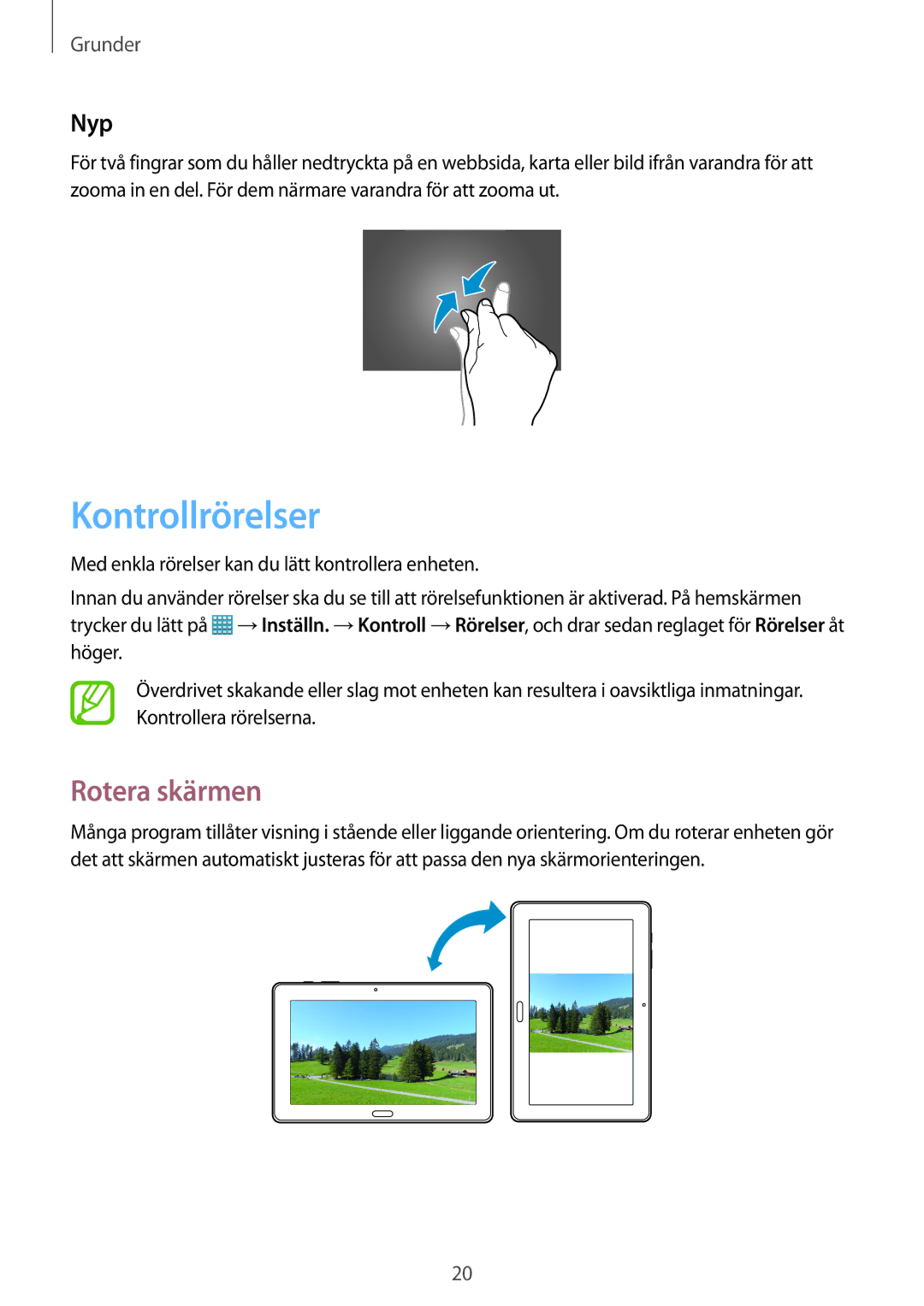 Samsung SM-T9000ZKANEE, SM-T9000ZWANEE manual Kontrollrörelser, Rotera skärmen, Nyp 