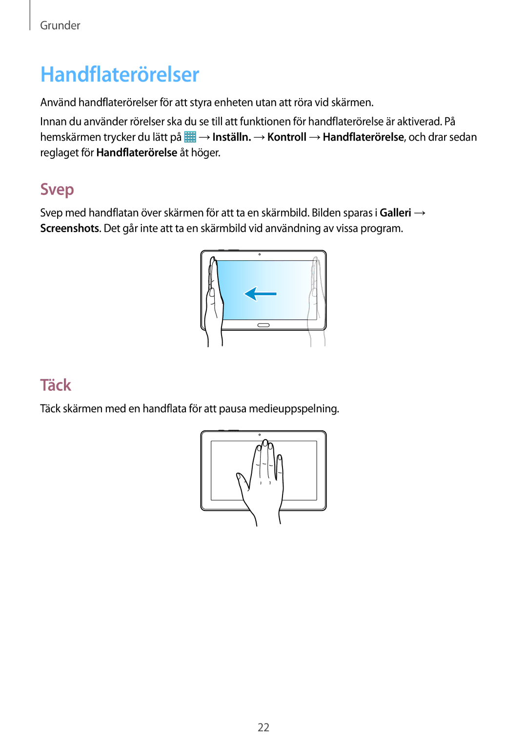 Samsung SM-T9000ZKANEE, SM-T9000ZWANEE manual Handflaterörelser, Svep, Täck 