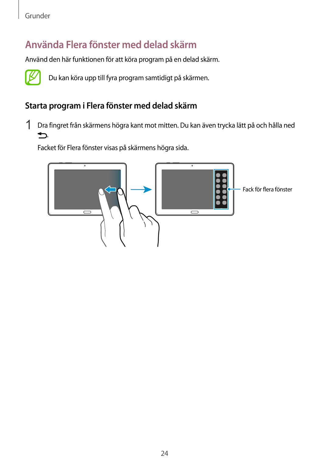 Samsung SM-T9000ZKANEE manual Använda Flera fönster med delad skärm, Starta program i Flera fönster med delad skärm 