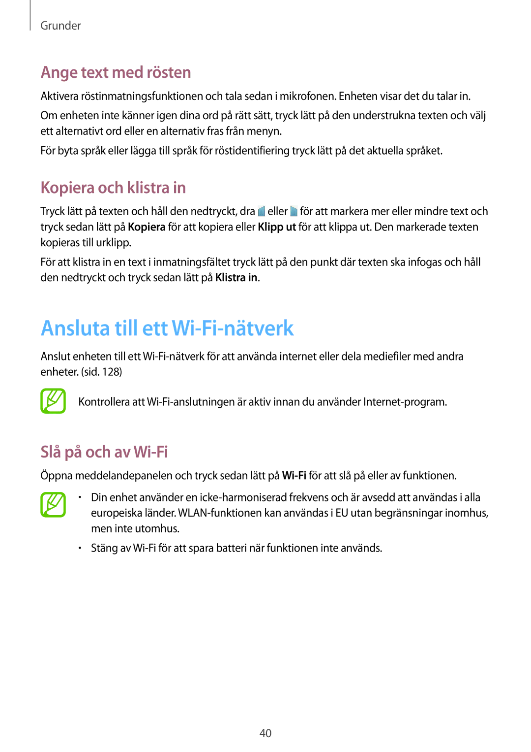 Samsung SM-T9000ZKANEE Ansluta till ett Wi-Fi-nätverk, Ange text med rösten, Kopiera och klistra, Slå på och av Wi-Fi 