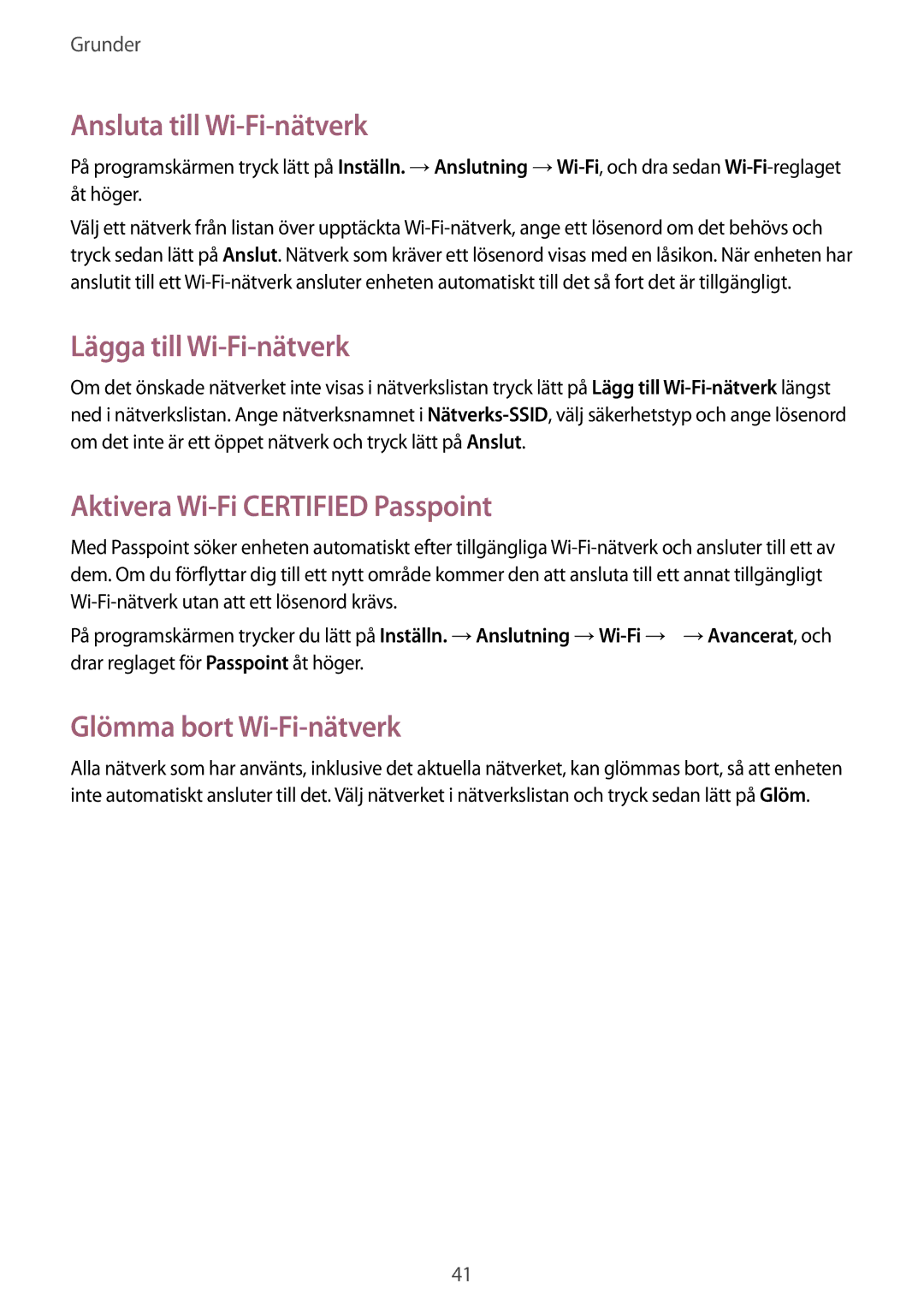 Samsung SM-T9000ZWANEE manual Ansluta till Wi-Fi-nätverk, Lägga till Wi-Fi-nätverk, Aktivera Wi-Fi Certified Passpoint 