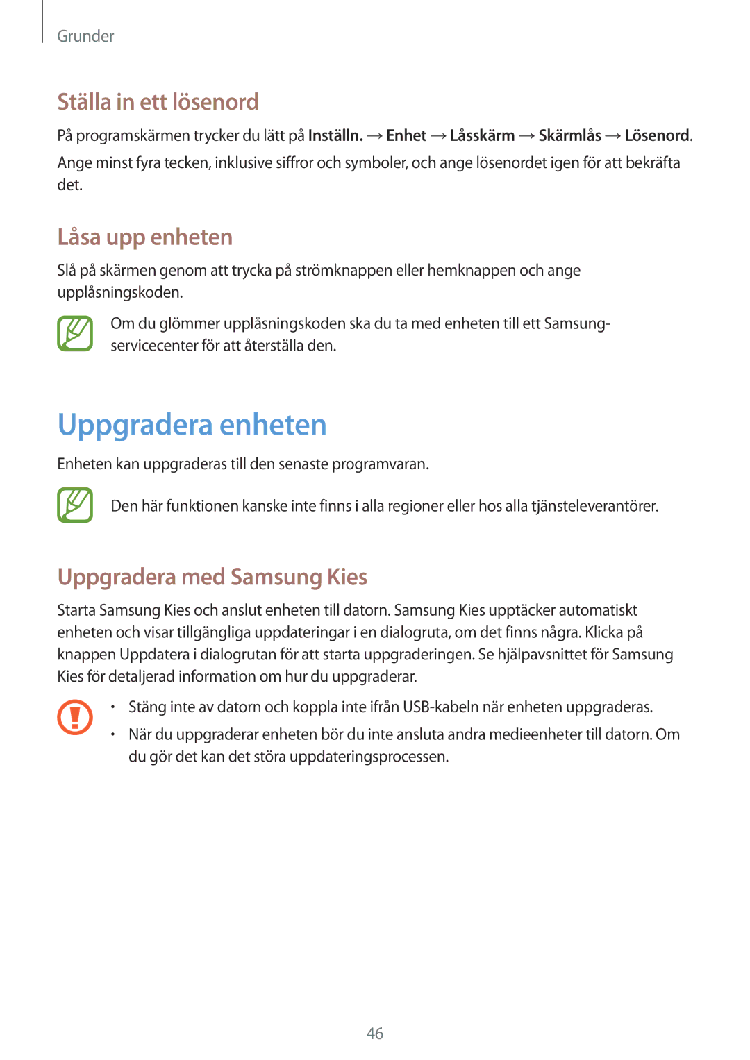 Samsung SM-T9000ZKANEE manual Uppgradera enheten, Ställa in ett lösenord, Låsa upp enheten, Uppgradera med Samsung Kies 