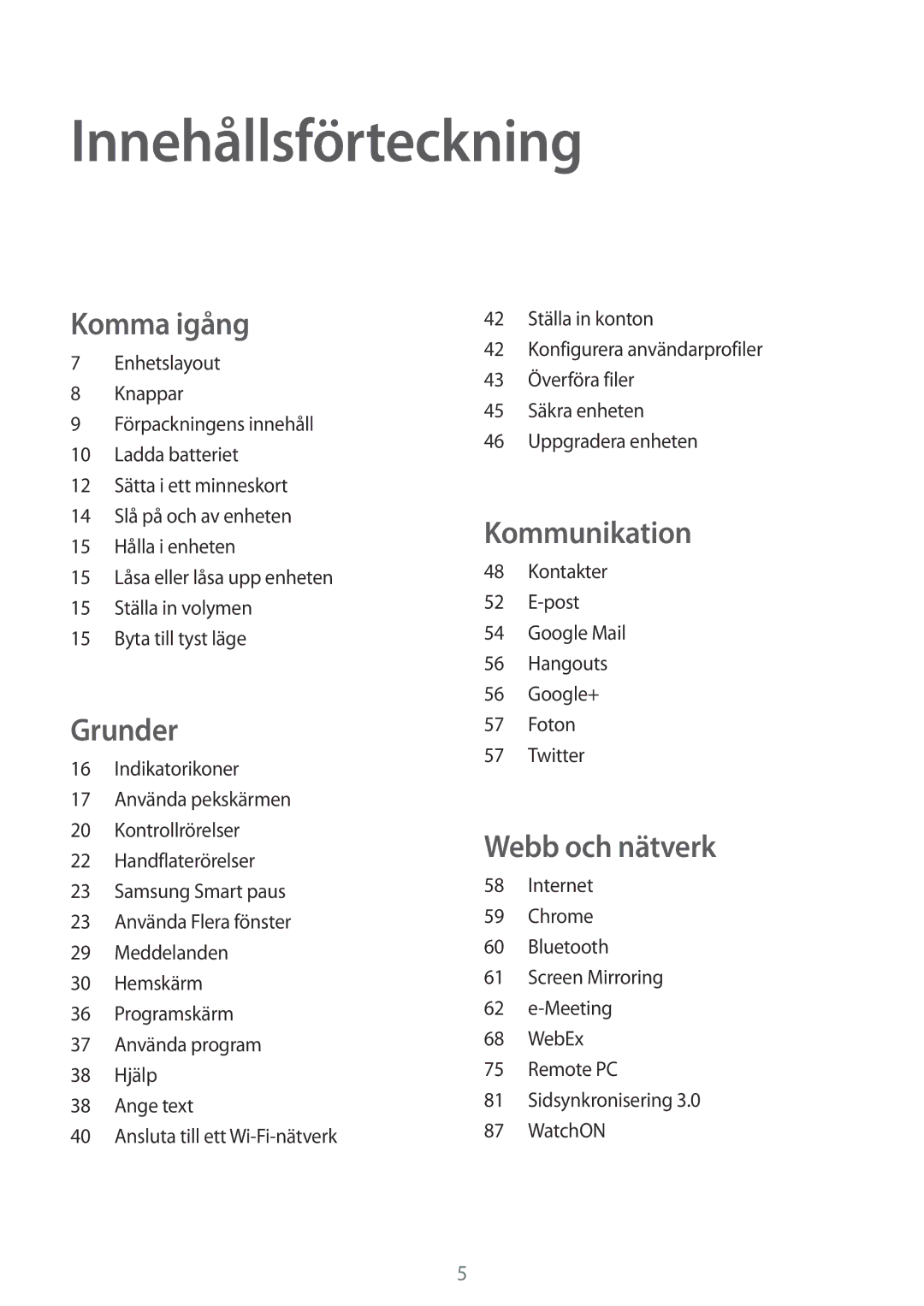 Samsung SM-T9000ZWANEE, SM-T9000ZKANEE manual Innehållsförteckning, Komma igång 