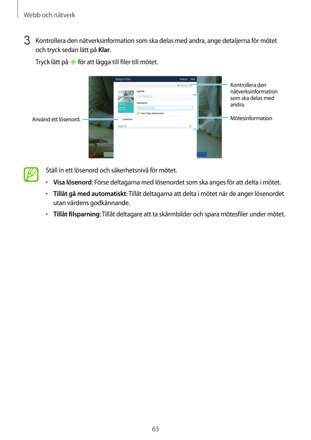 Samsung SM-T9000ZWANEE, SM-T9000ZKANEE manual Ställ in ett lösenord och säkerhetsnivå för mötet 