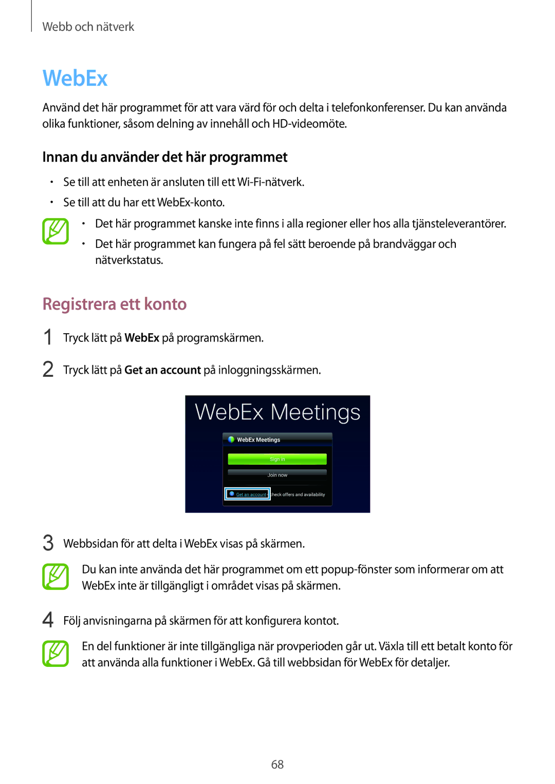 Samsung SM-T9000ZKANEE, SM-T9000ZWANEE manual WebEx, Registrera ett konto, Innan du använder det här programmet 