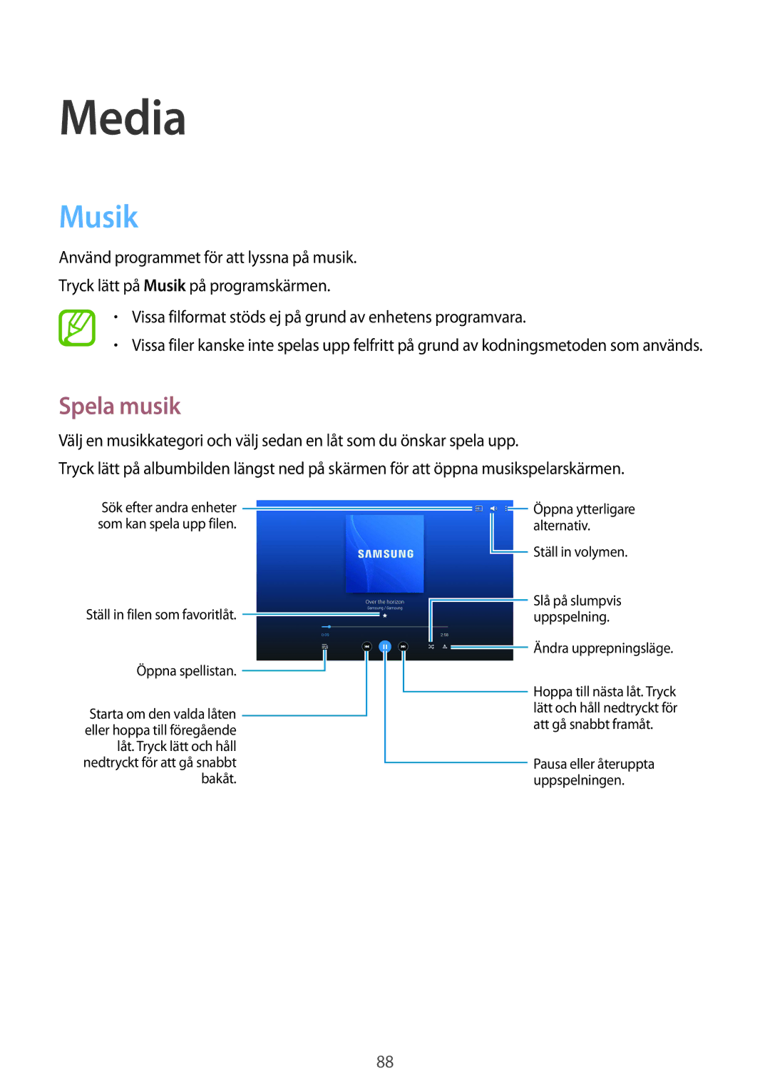 Samsung SM-T9000ZKANEE, SM-T9000ZWANEE manual Media, Musik, Spela musik 