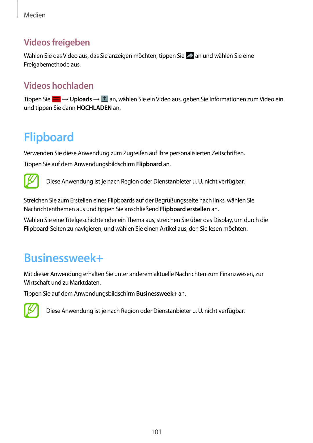 Samsung SM-T9000ZKAXEF, SM-T9000ZWADBT, SM-T9000ZKADBT manual Flipboard, Businessweek+, Videos hochladen 