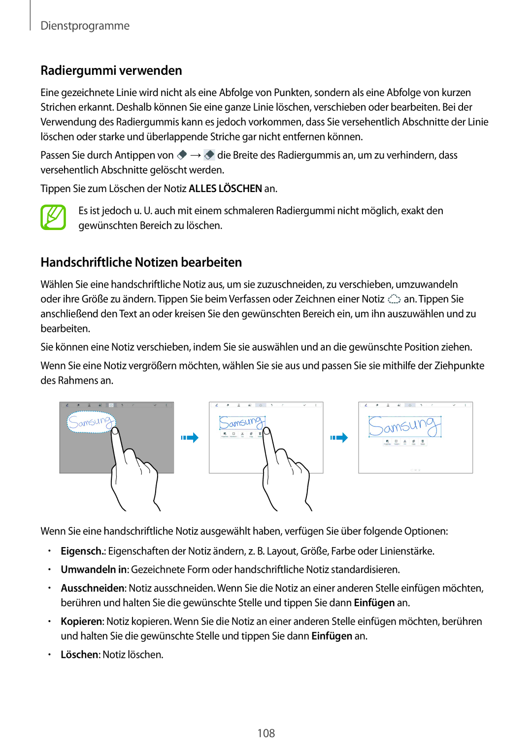 Samsung SM-T9000ZWADBT, SM-T9000ZKADBT, SM-T9000ZKAXEF manual Radiergummi verwenden, Handschriftliche Notizen bearbeiten 