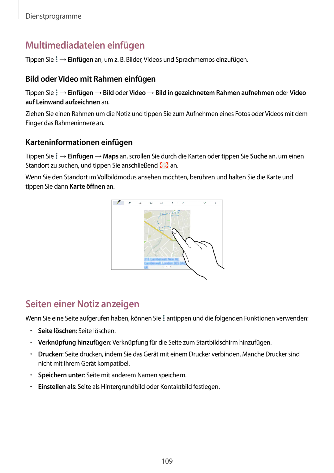 Samsung SM-T9000ZKADBT manual Multimediadateien einfügen, Seiten einer Notiz anzeigen, Bild oder Video mit Rahmen einfügen 