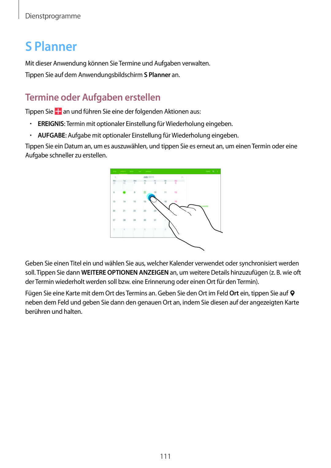 Samsung SM-T9000ZWADBT, SM-T9000ZKADBT, SM-T9000ZKAXEF manual Planner, Termine oder Aufgaben erstellen 