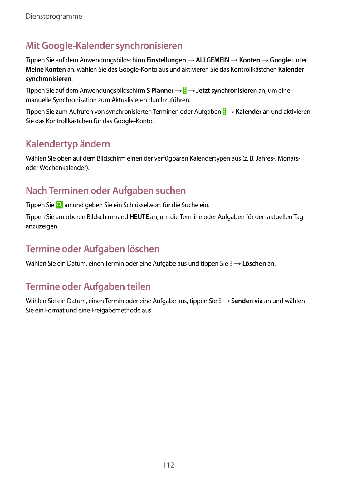 Samsung SM-T9000ZKADBT manual Mit Google-Kalender synchronisieren, Kalendertyp ändern, Nach Terminen oder Aufgaben suchen 
