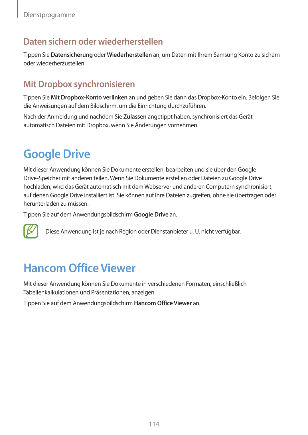 Samsung SM-T9000ZWADBT, SM-T9000ZKADBT manual Google Drive, Hancom Office Viewer, Daten sichern oder wiederherstellen 