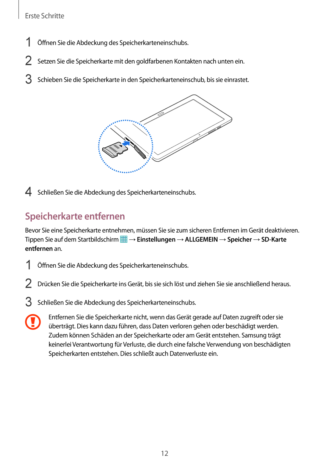 Samsung SM-T9000ZWADBT, SM-T9000ZKADBT, SM-T9000ZKAXEF manual Speicherkarte entfernen 