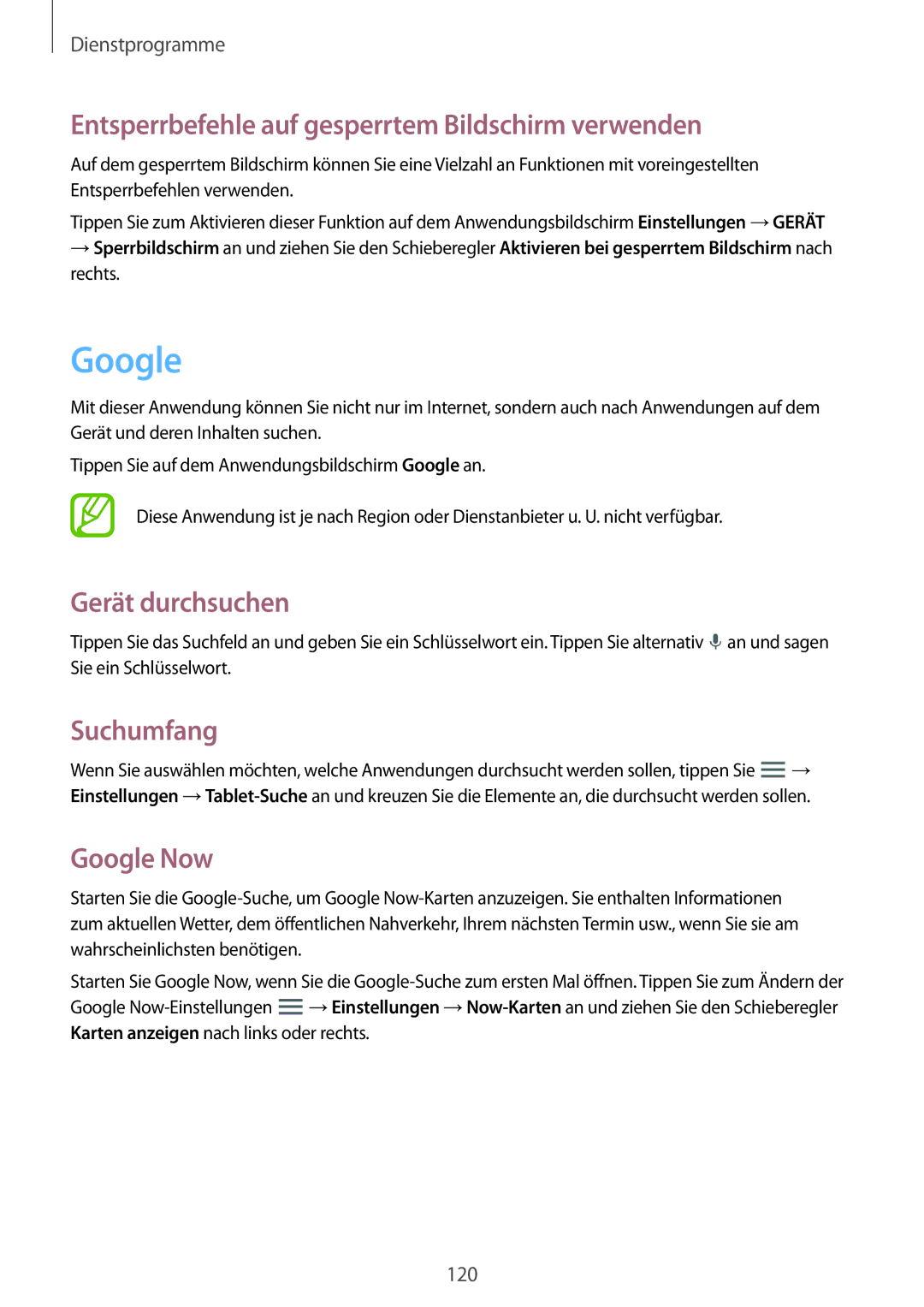 Samsung SM-T9000ZWADBT manual Google, Entsperrbefehle auf gesperrtem Bildschirm verwenden, Gerät durchsuchen, Suchumfang 