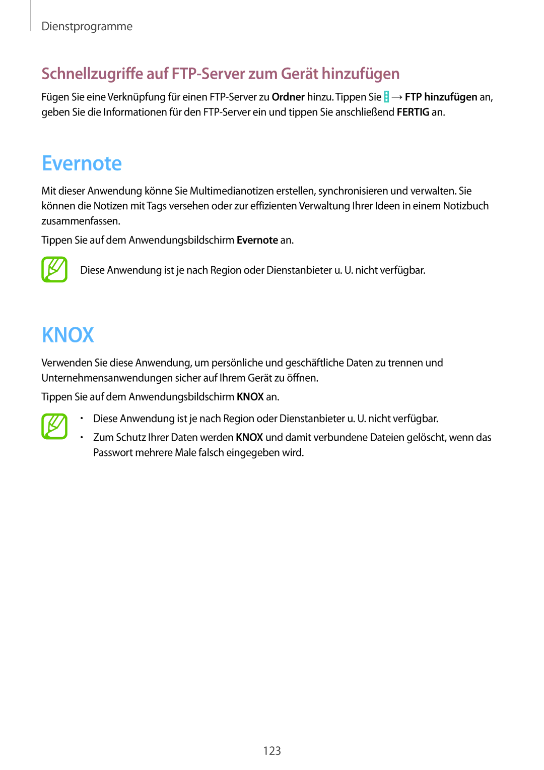 Samsung SM-T9000ZWADBT, SM-T9000ZKADBT, SM-T9000ZKAXEF manual Evernote, Schnellzugriffe auf FTP-Server zum Gerät hinzufügen 