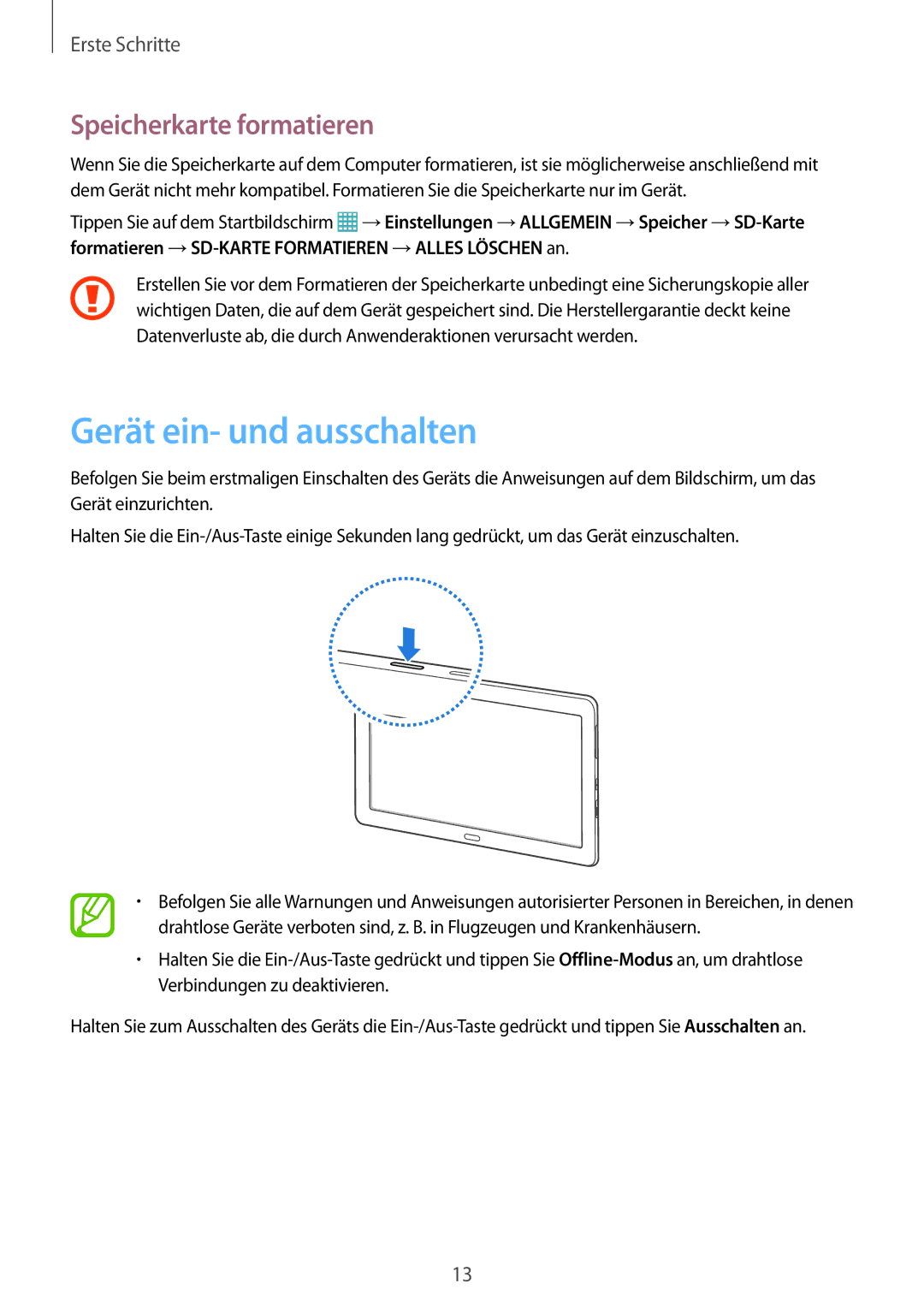 Samsung SM-T9000ZKADBT, SM-T9000ZWADBT, SM-T9000ZKAXEF manual Gerät ein- und ausschalten, Speicherkarte formatieren 