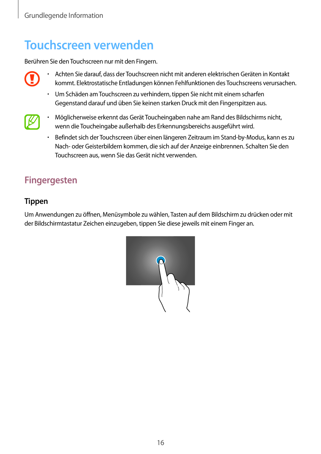 Samsung SM-T9000ZKADBT, SM-T9000ZWADBT, SM-T9000ZKAXEF manual Touchscreen verwenden, Fingergesten, Tippen 