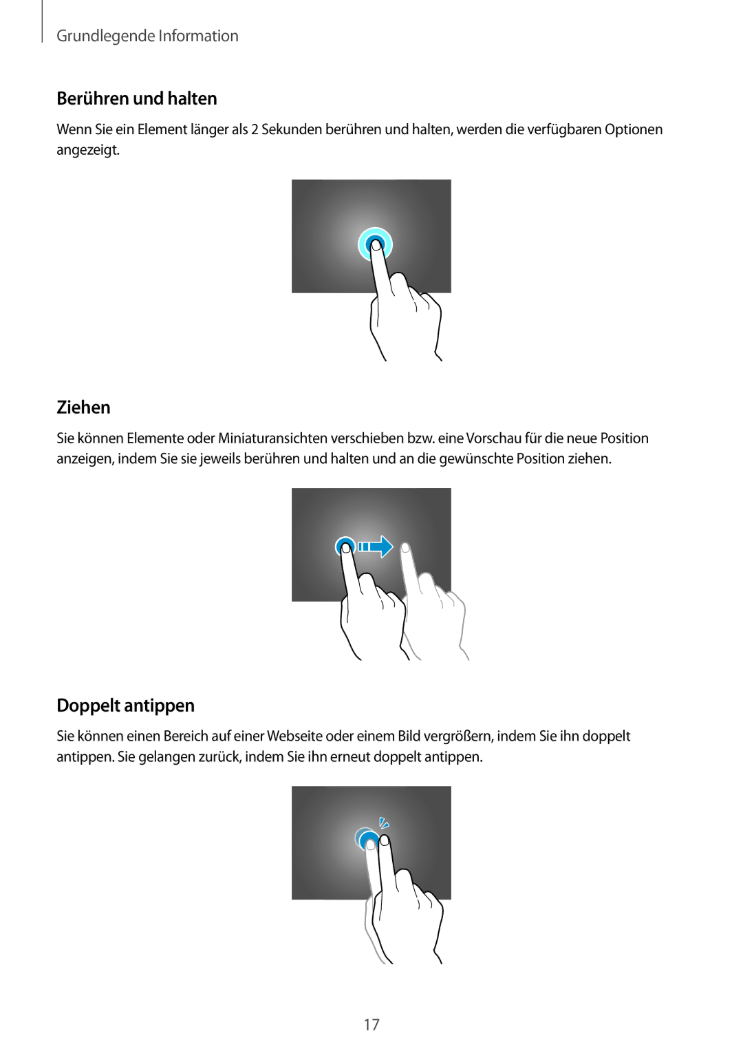 Samsung SM-T9000ZKAXEF, SM-T9000ZWADBT, SM-T9000ZKADBT manual Berühren und halten, Ziehen, Doppelt antippen 