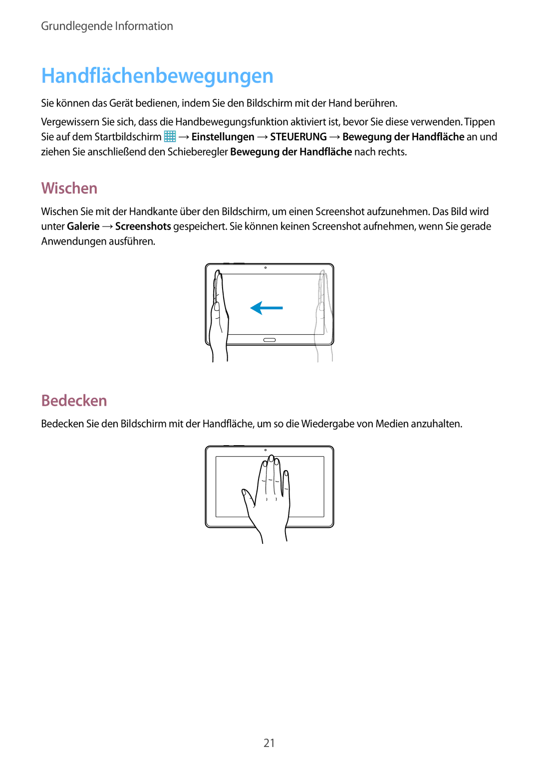 Samsung SM-T9000ZWADBT, SM-T9000ZKADBT, SM-T9000ZKAXEF manual Handflächenbewegungen, Wischen, Bedecken 