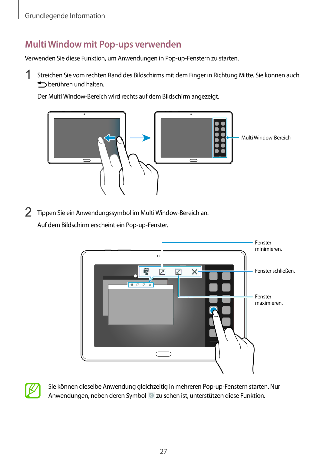 Samsung SM-T9000ZWADBT, SM-T9000ZKADBT, SM-T9000ZKAXEF manual Multi Window mit Pop-ups verwenden 