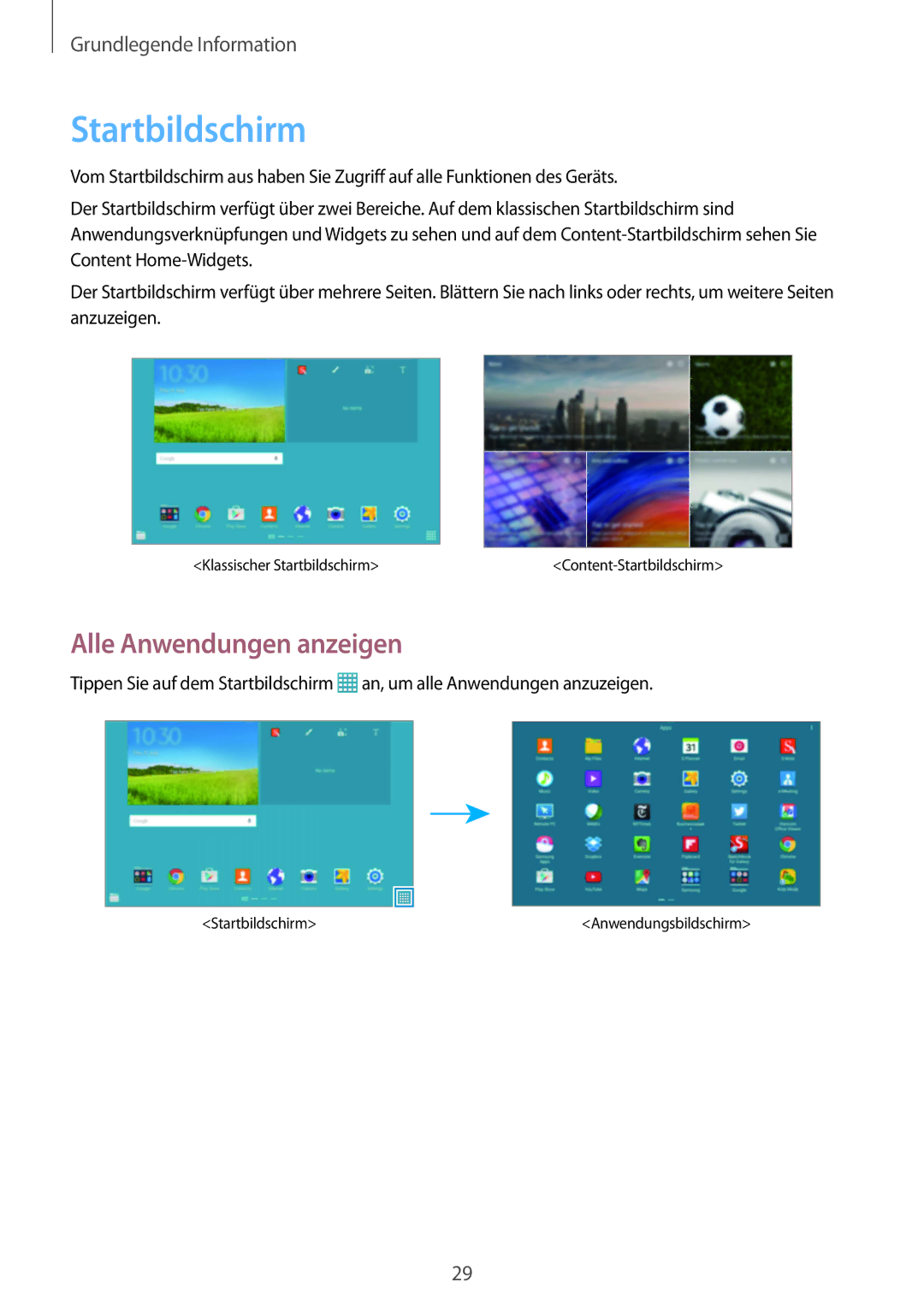 Samsung SM-T9000ZKAXEF, SM-T9000ZWADBT, SM-T9000ZKADBT manual Startbildschirm, Alle Anwendungen anzeigen 