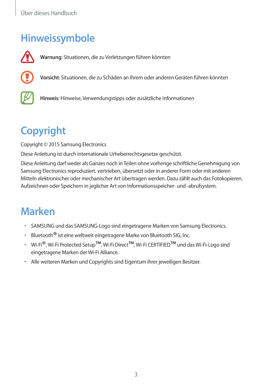 Samsung SM-T9000ZWADBT, SM-T9000ZKADBT, SM-T9000ZKAXEF manual Hinweissymbole, Copyright, Marken 