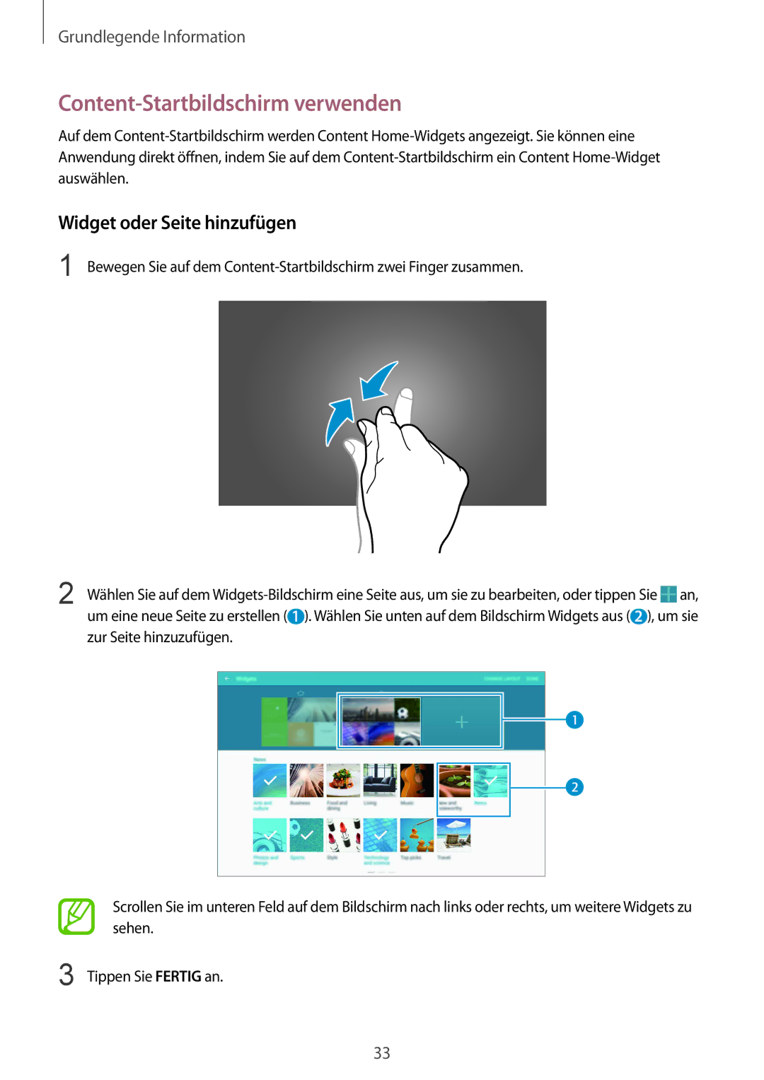 Samsung SM-T9000ZWADBT, SM-T9000ZKADBT, SM-T9000ZKAXEF manual Content-Startbildschirm verwenden, Widget oder Seite hinzufügen 