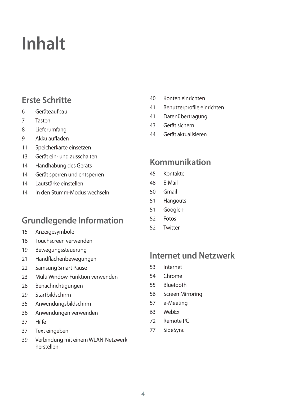 Samsung SM-T9000ZKADBT, SM-T9000ZWADBT, SM-T9000ZKAXEF manual Inhalt 