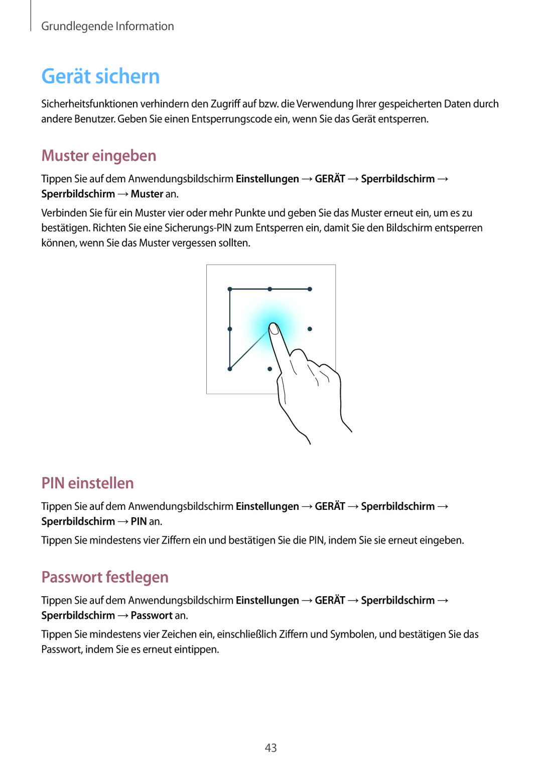 Samsung SM-T9000ZKADBT, SM-T9000ZWADBT, SM-T9000ZKAXEF Gerät sichern, Muster eingeben, PIN einstellen, Passwort festlegen 