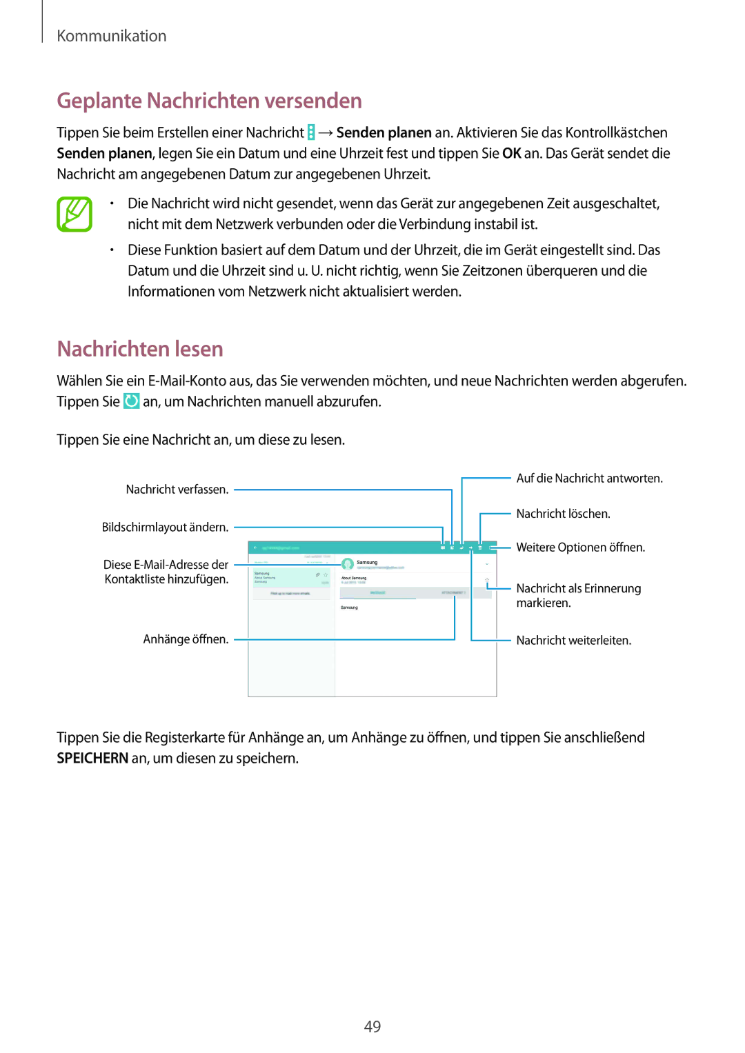 Samsung SM-T9000ZKADBT, SM-T9000ZWADBT, SM-T9000ZKAXEF manual Geplante Nachrichten versenden, Nachrichten lesen 