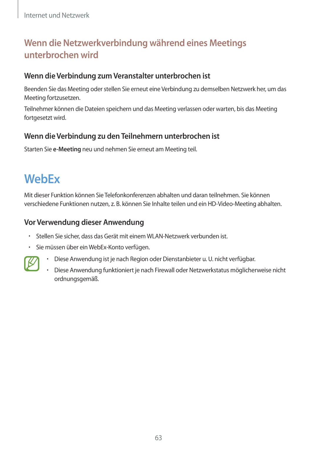 Samsung SM-T9000ZWADBT manual WebEx, Wenn die Verbindung zum Veranstalter unterbrochen ist, Vor Verwendung dieser Anwendung 