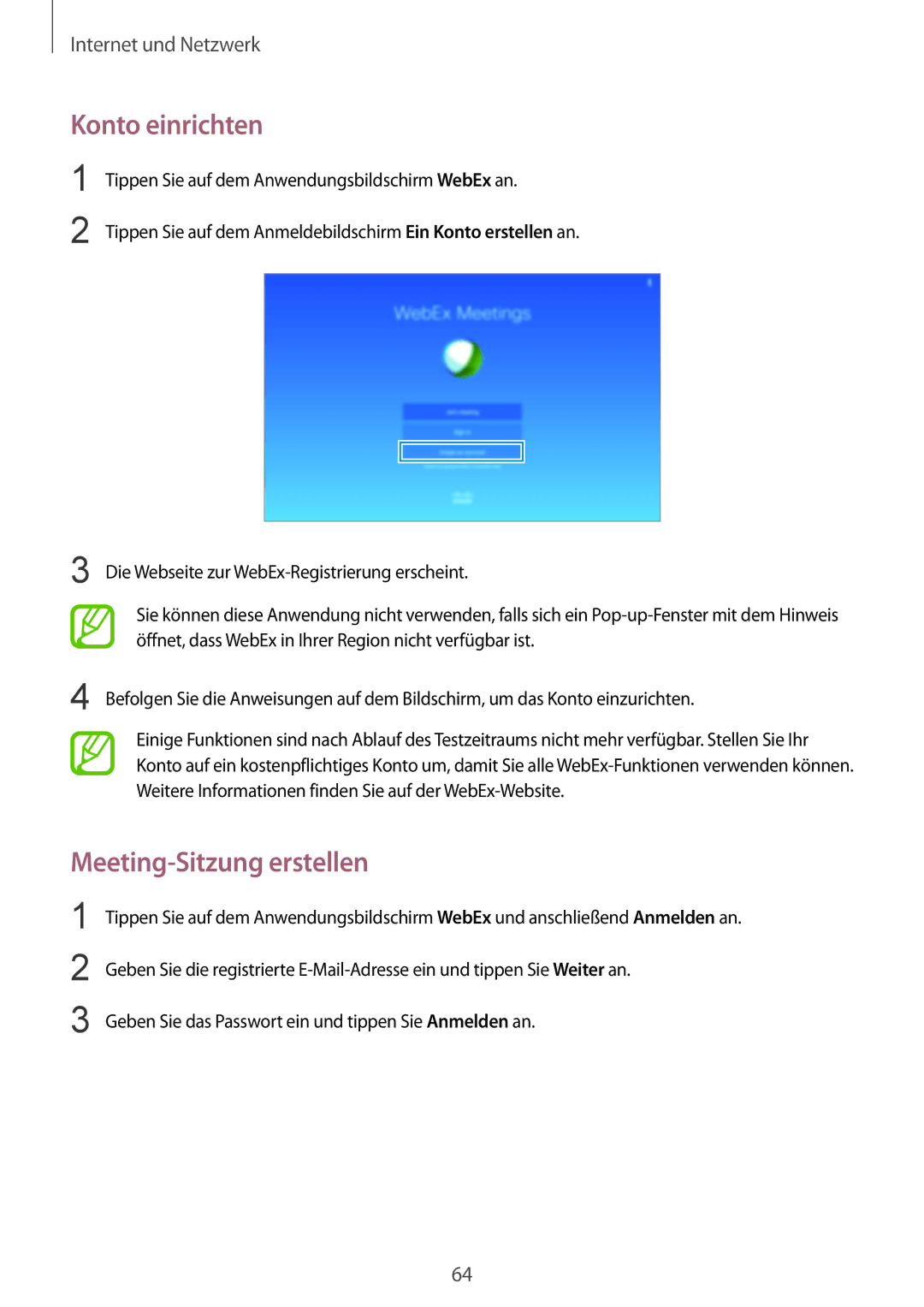 Samsung SM-T9000ZKADBT, SM-T9000ZWADBT, SM-T9000ZKAXEF manual Konto einrichten, Meeting-Sitzung erstellen 