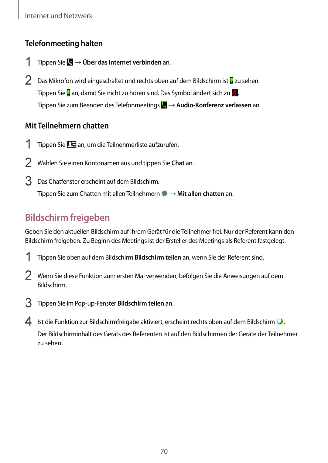 Samsung SM-T9000ZKADBT, SM-T9000ZWADBT, SM-T9000ZKAXEF Bildschirm freigeben, Telefonmeeting halten, Mit Teilnehmern chatten 