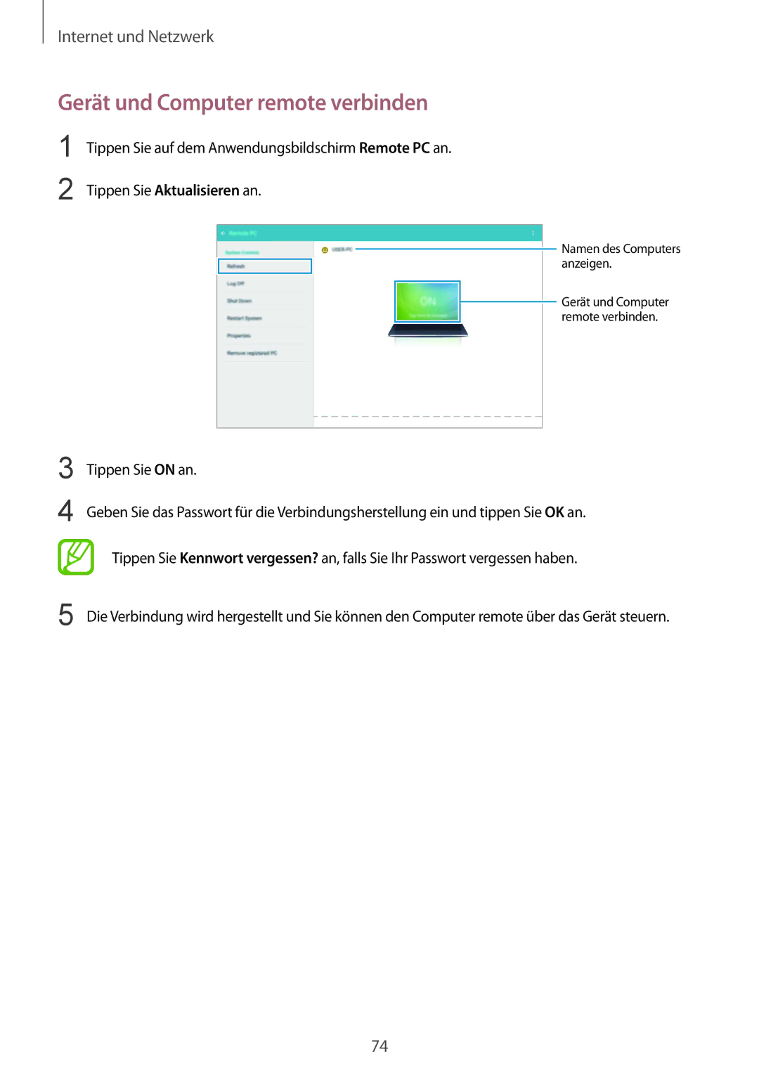 Samsung SM-T9000ZKAXEF, SM-T9000ZWADBT, SM-T9000ZKADBT manual Gerät und Computer remote verbinden 