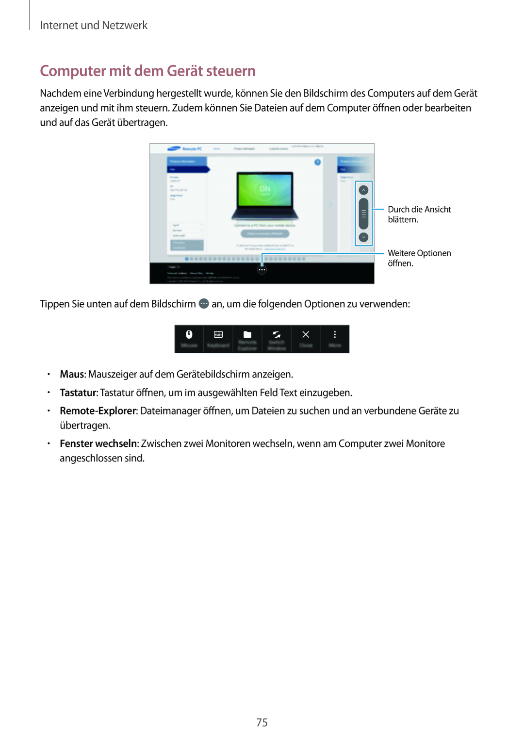 Samsung SM-T9000ZWADBT, SM-T9000ZKADBT, SM-T9000ZKAXEF manual Computer mit dem Gerät steuern 