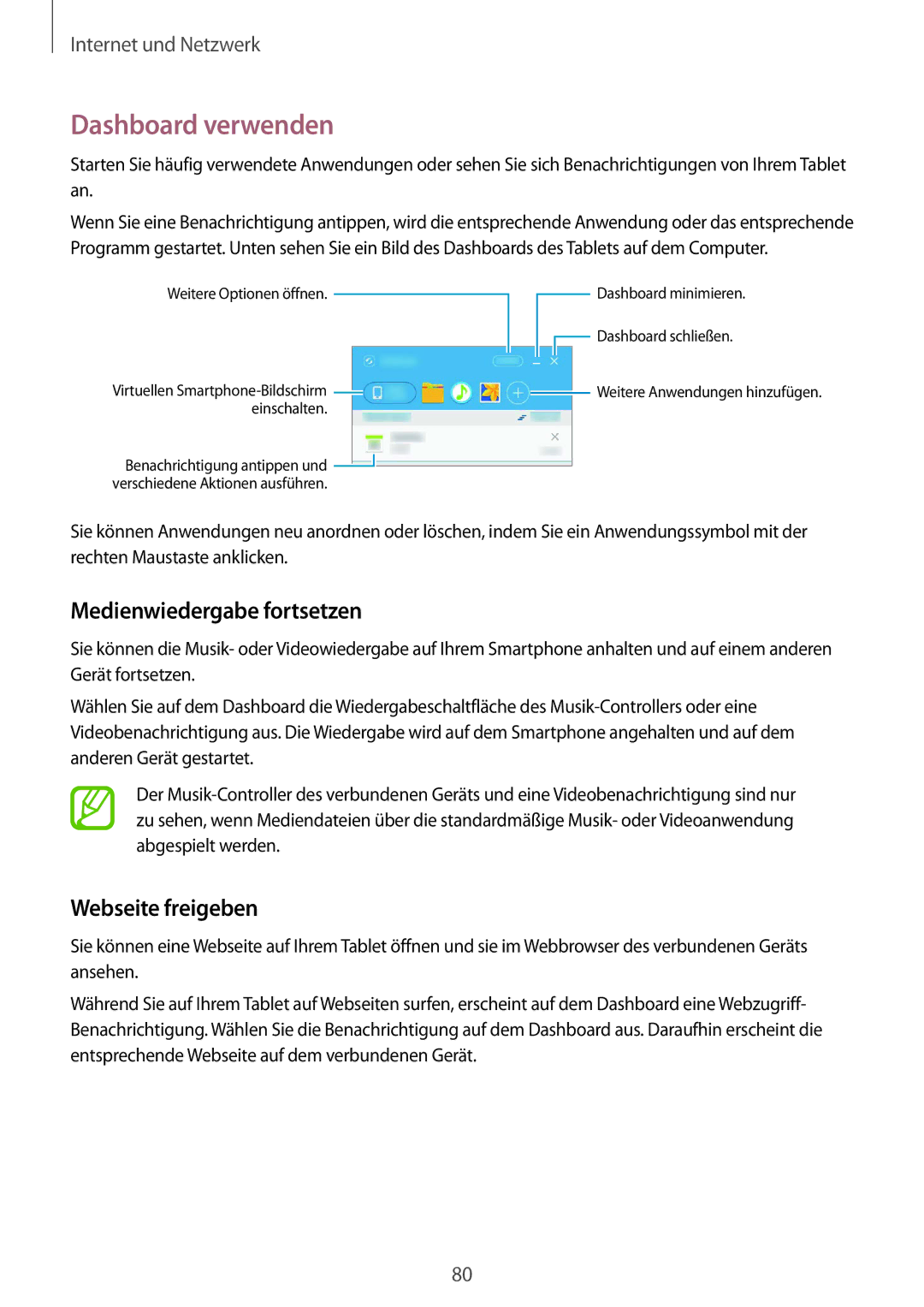 Samsung SM-T9000ZKAXEF, SM-T9000ZWADBT, SM-T9000ZKADBT Dashboard verwenden, Medienwiedergabe fortsetzen, Webseite freigeben 