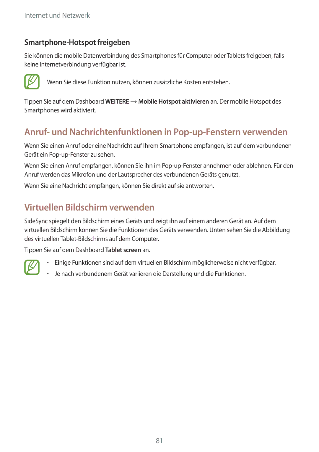 Samsung SM-T9000ZWADBT, SM-T9000ZKADBT, SM-T9000ZKAXEF manual Virtuellen Bildschirm verwenden, Smartphone-Hotspot freigeben 