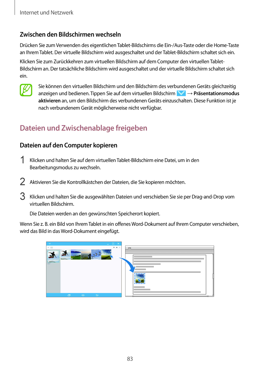 Samsung SM-T9000ZKAXEF, SM-T9000ZWADBT manual Dateien und Zwischenablage freigeben, Zwischen den Bildschirmen wechseln 