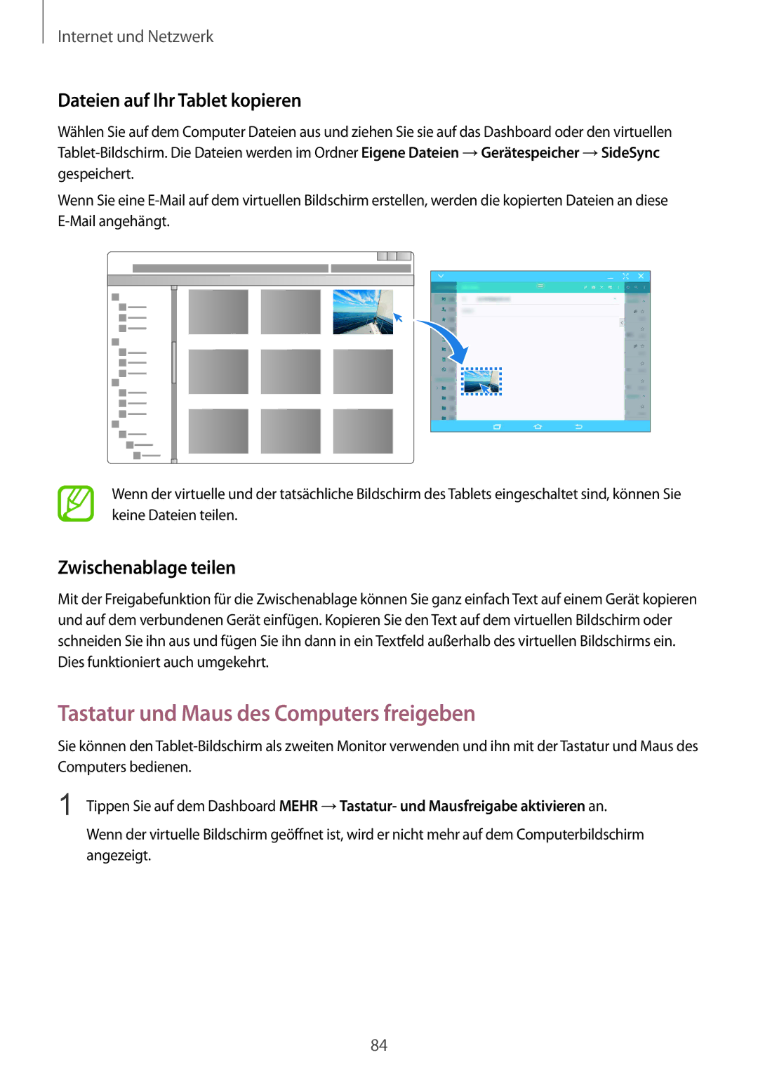 Samsung SM-T9000ZWADBT Tastatur und Maus des Computers freigeben, Dateien auf Ihr Tablet kopieren, Zwischenablage teilen 