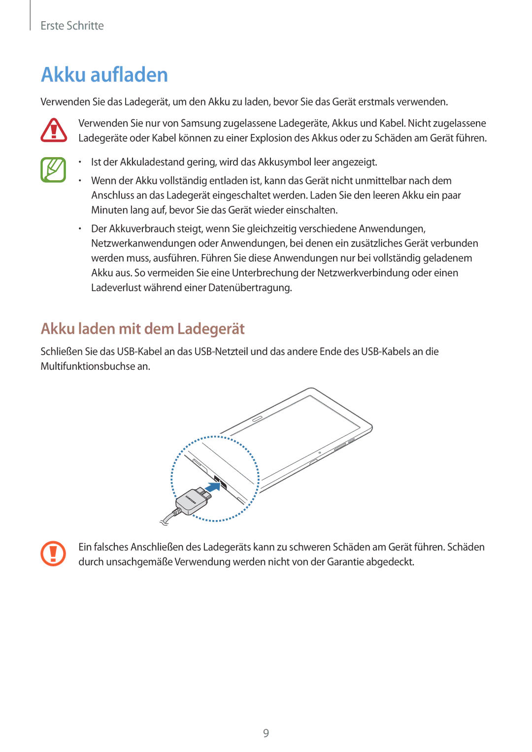 Samsung SM-T9000ZWADBT, SM-T9000ZKADBT, SM-T9000ZKAXEF manual Akku aufladen, Akku laden mit dem Ladegerät 