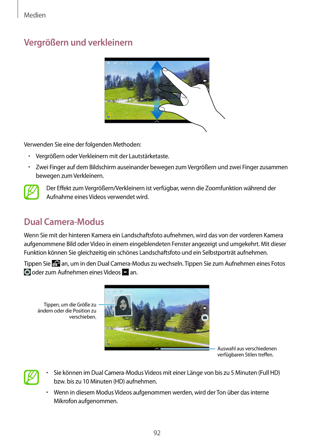 Samsung SM-T9000ZKAXEF, SM-T9000ZWADBT, SM-T9000ZKADBT manual Vergrößern und verkleinern, Dual Camera-Modus 