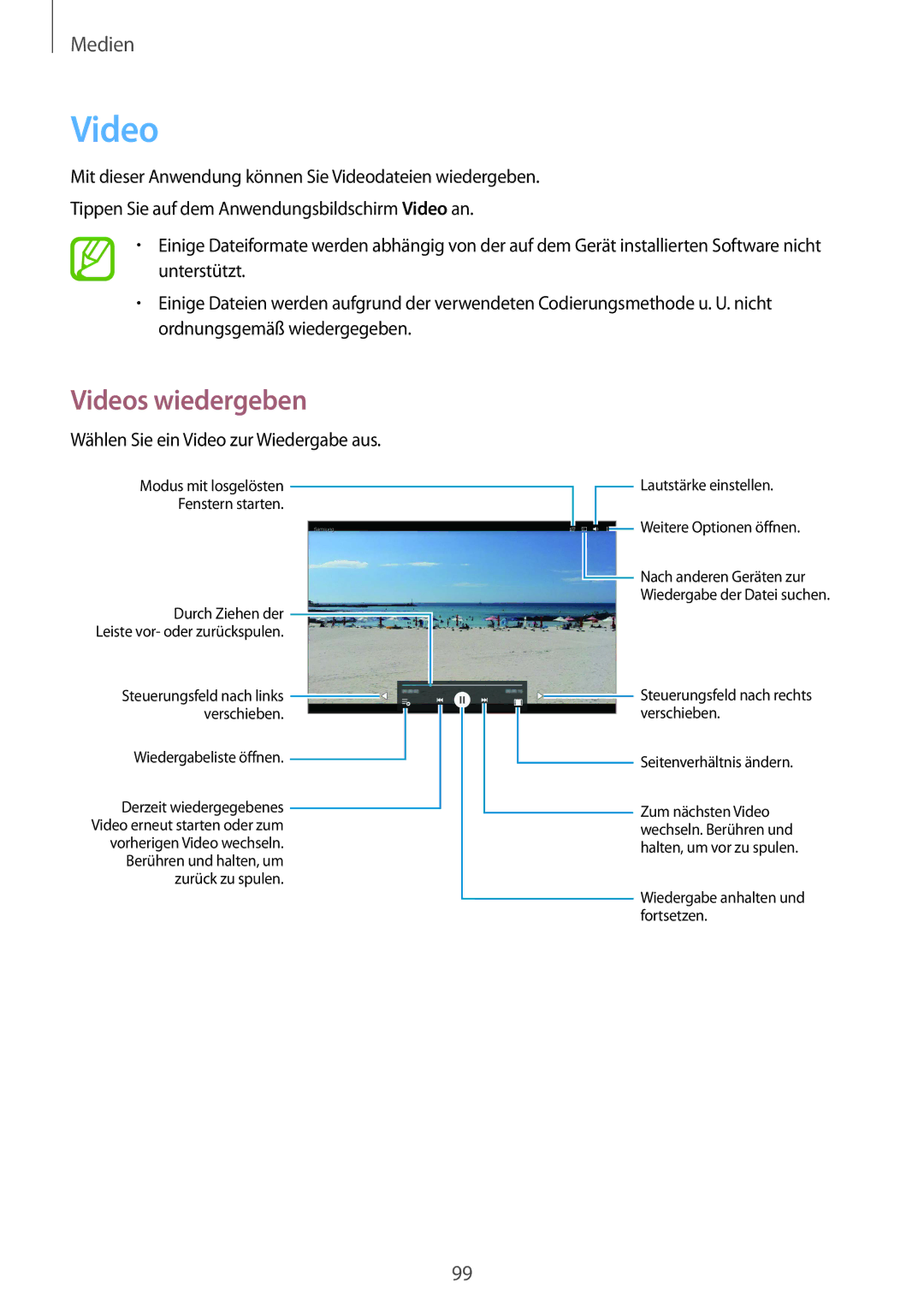 Samsung SM-T9000ZWADBT, SM-T9000ZKADBT, SM-T9000ZKAXEF manual Wählen Sie ein Video zur Wiedergabe aus 