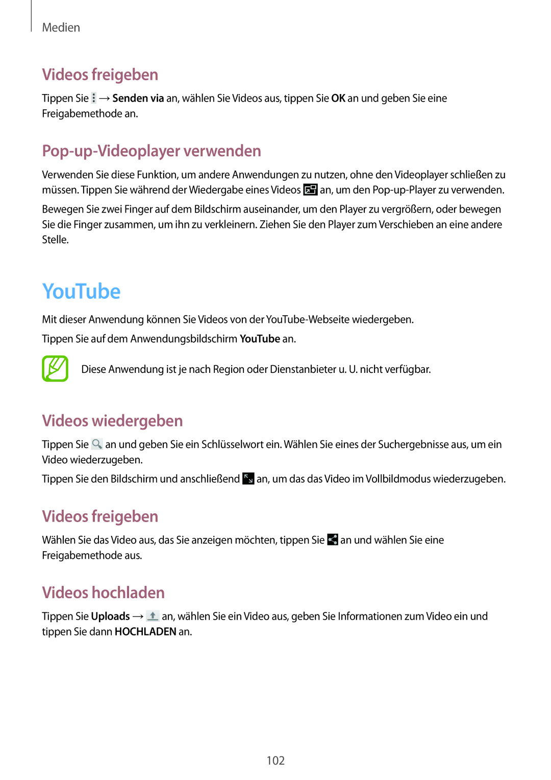 Samsung SM-T9000ZWADBT, SM-T9000ZKADBT manual YouTube, Videos freigeben, Pop-up-Videoplayer verwenden, Videos hochladen 