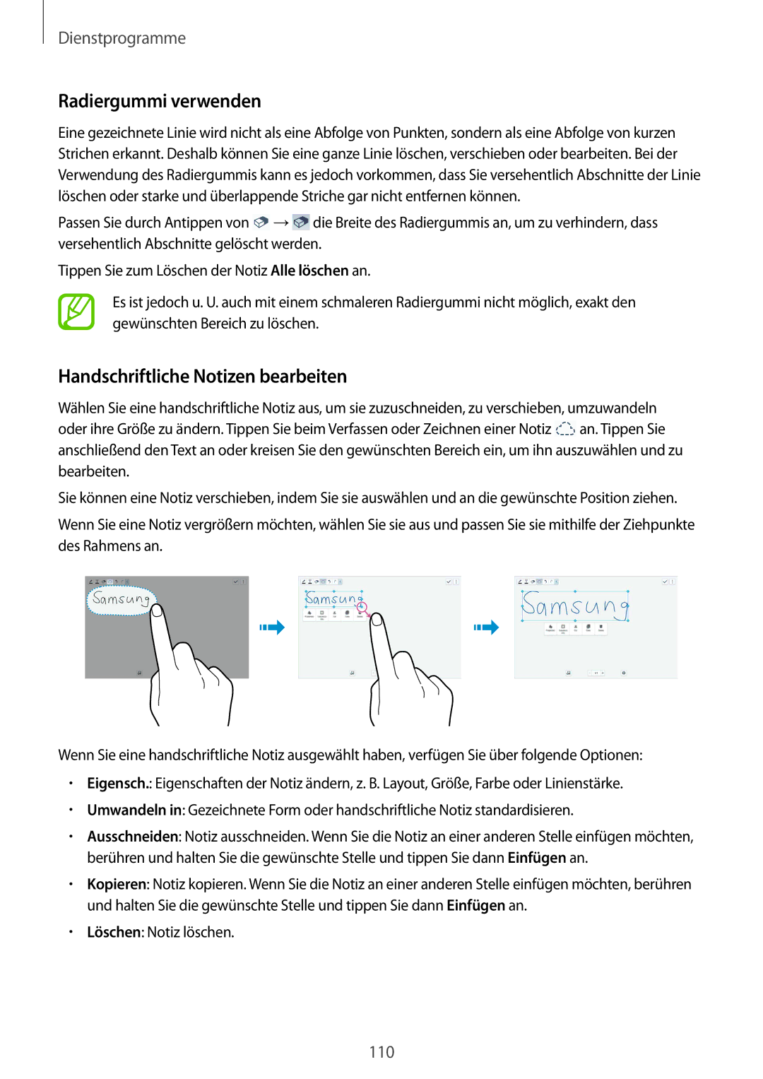 Samsung SM-T9000ZKAXEF, SM-T9000ZWADBT, SM-T9000ZKADBT manual Radiergummi verwenden, Handschriftliche Notizen bearbeiten 