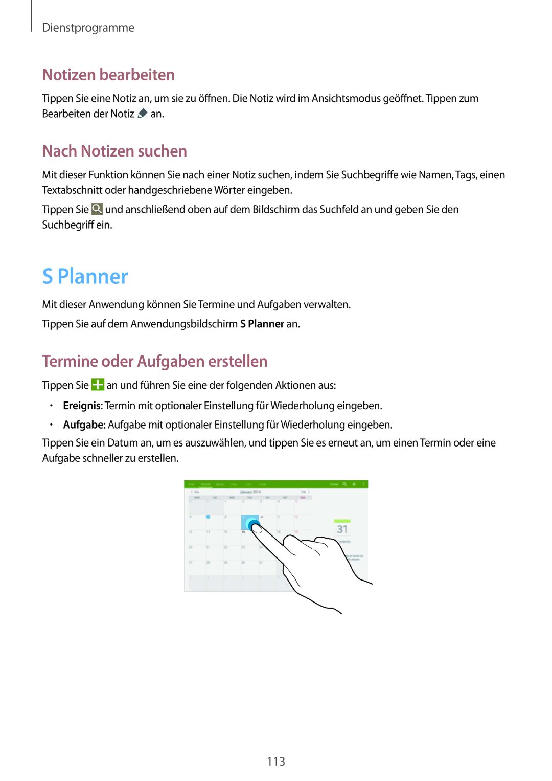 Samsung SM-T9000ZKAXEF, SM-T9000ZWADBT Planner, Notizen bearbeiten, Nach Notizen suchen, Termine oder Aufgaben erstellen 