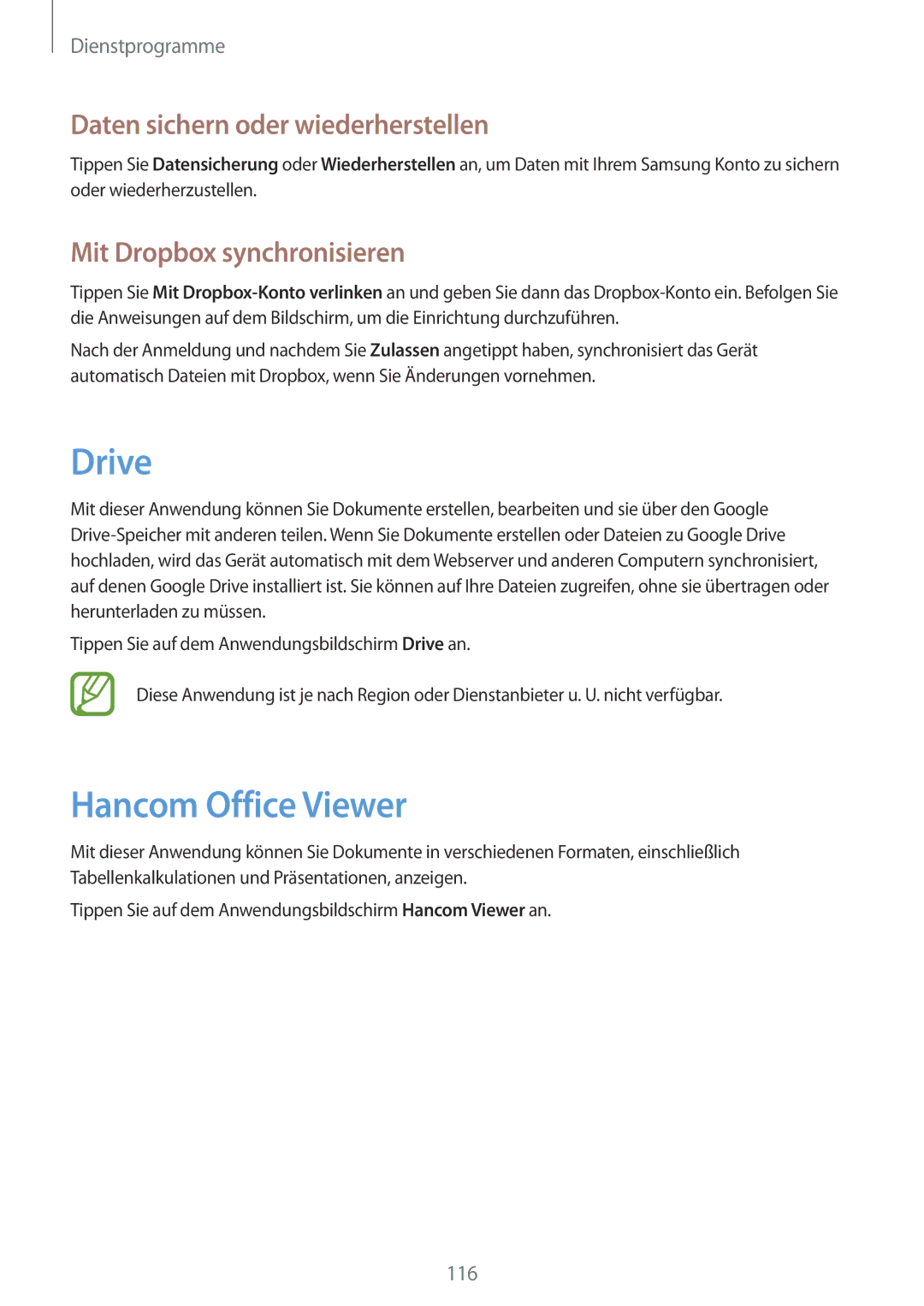 Samsung SM-T9000ZKAXEF manual Drive, Hancom Office Viewer, Daten sichern oder wiederherstellen, Mit Dropbox synchronisieren 